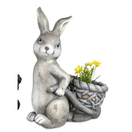 Hase grau/beige patiniert mit Korb als Pflanztopf 42 cm
