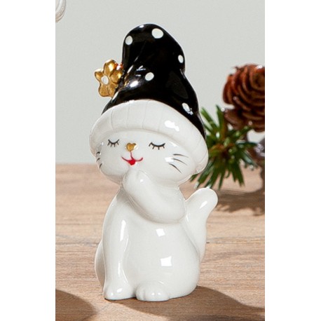 Katze sitzend mit schwarzer Mütze 9 cm