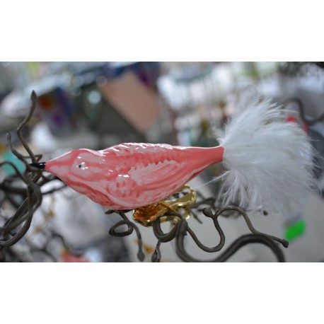 Vogel mit Feder in rose /  weiß 11 cm