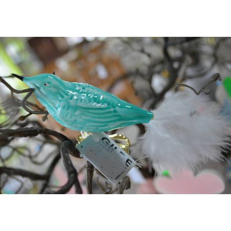 Vogel mit Feder in rose /  weiß 11 cm