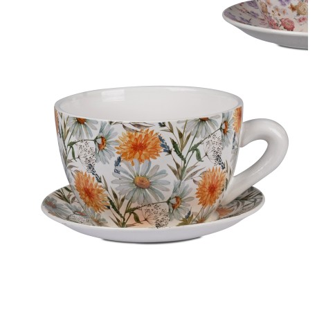 Pflanztasse aus Keramik mit Blumenwiesen bemalt